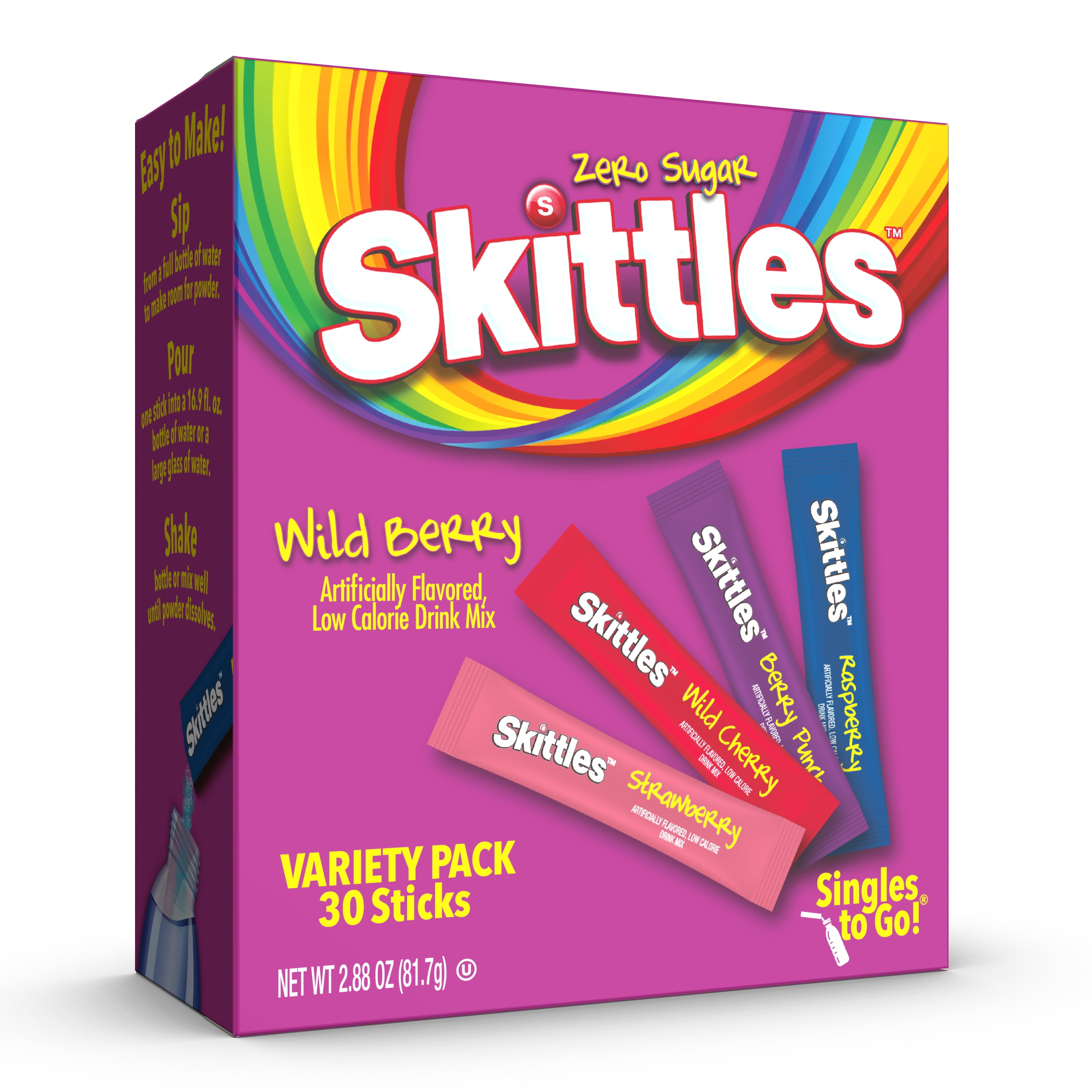 Skittles Zero Sugar Wild Berry Singles-to-Go Packs, Powdered Drink Mix, 2.88 oz, 30 Count Packets
