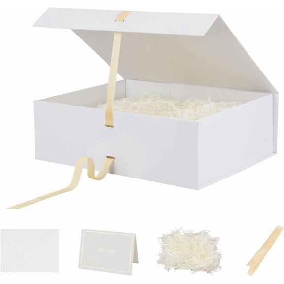 Skivra Large White Gift Box with Ribbon - 16.5x13x5.3 Inch Extra Large Collapsible Luxury Gift Box for Wedding Dress, Shredded Paper Filler & Card
