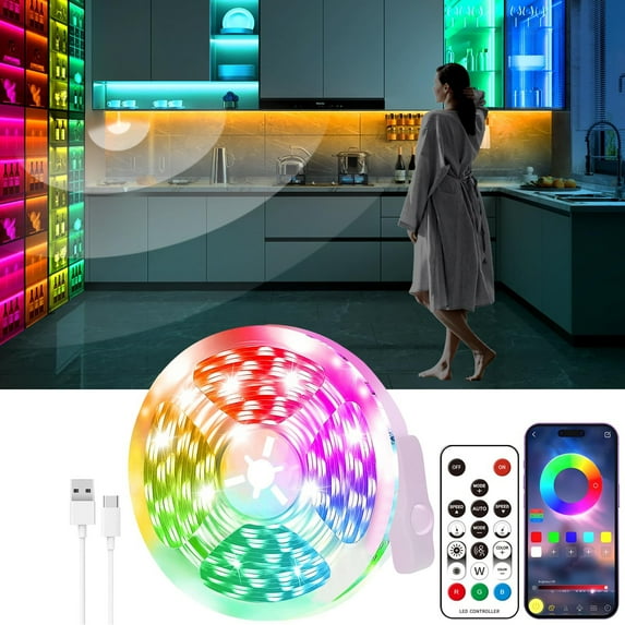 Skksst 2M/5M/10M Flexible LED Strip Light App Remote Control Motion Sensor Music Sync RGB Color Changing Tape Light for Bedroom Cupboard Cabinet Wardrobe