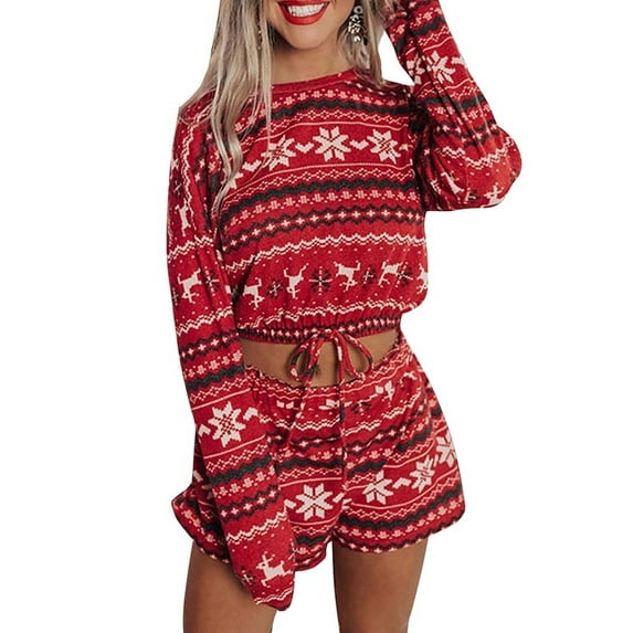 Skksst Christmas Womens Long Sleeve Tops Shorts 2pcs Xmas Pajamas Sleepwear Set