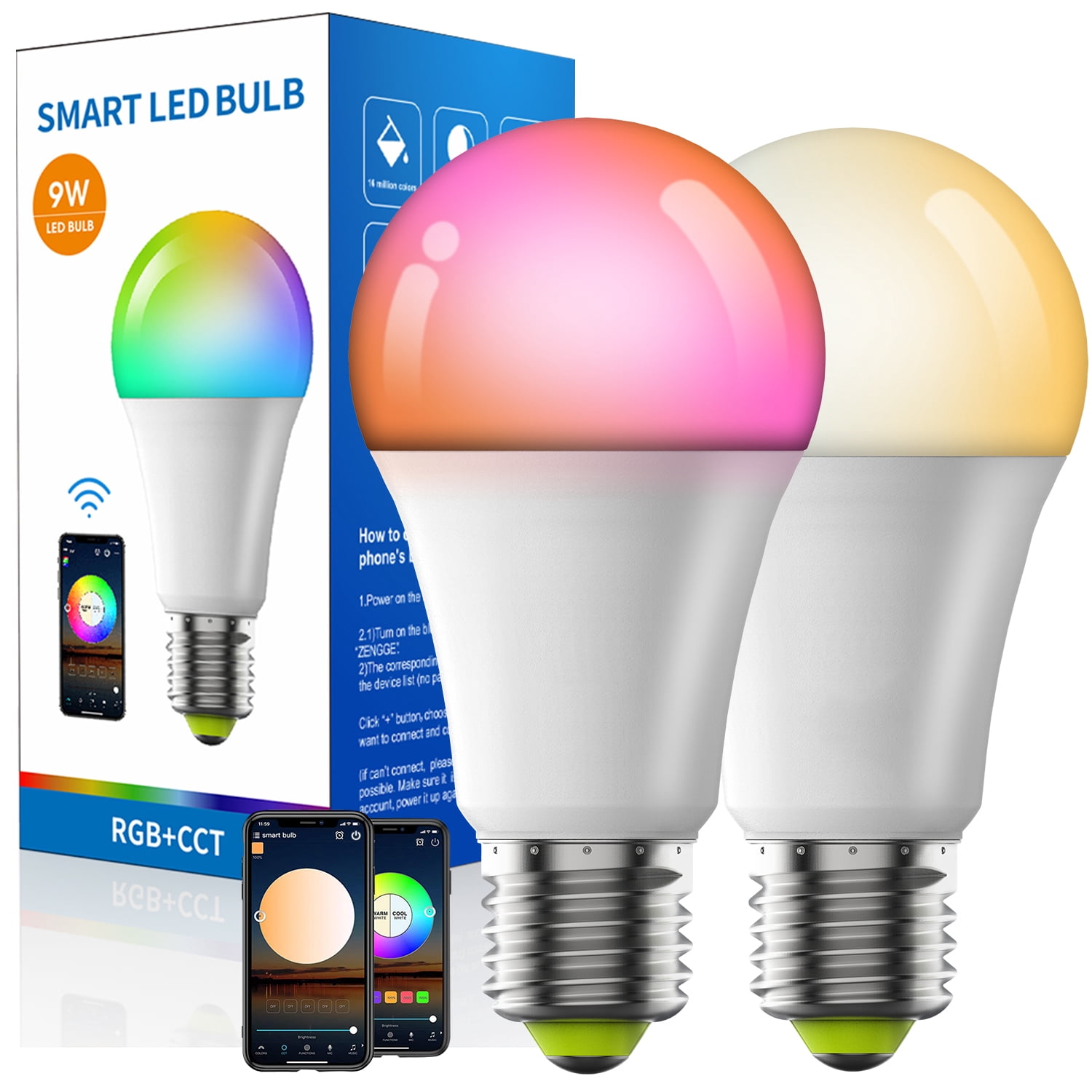 Skksst E26/E27 Smart Light Bulbs 9W/10W RGBCW LED Bluetooth App Control ...