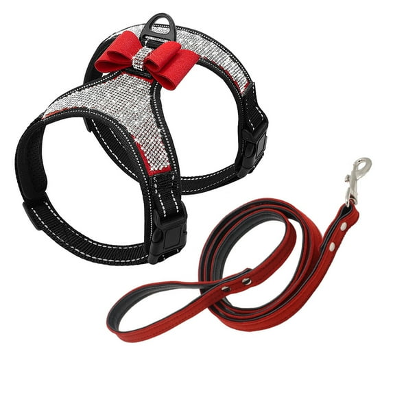 Skksst Pet Bling Rhinestone Bowknot Lead Harness Puppy Dog Collar With Leash