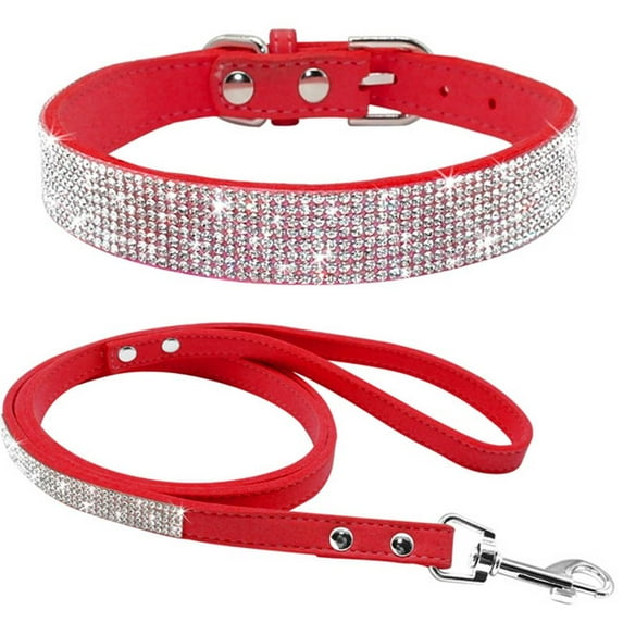 Skksst Pet Bling Rhinestone Collar Cat Dog PU Leather Necklace With Walking Leash