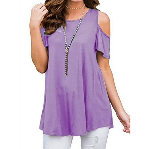 Skksst Plus Size S-5XL Womens Short Sleeve Cold Shoulder Plain Blouse T Shirt Tops