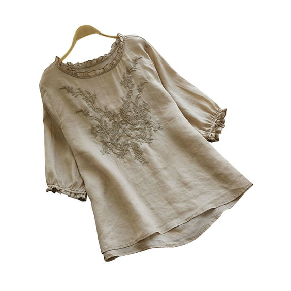 Skksst Plus Size Womens 3/4 Sleeve Floral Cotton Linen Tunic Blouse Tops