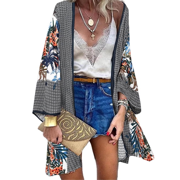 Skksst Plus Size Womens Boho Floral Cardigan Kimono Beach Bikini Cover Up Tops