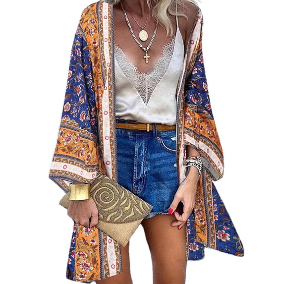 Skksst Plus Size Womens Boho Floral Cardigan Kimono Beach Bikini Cover Up Tops