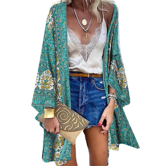 Skksst Plus Size Womens Boho Floral Cardigan Kimono Beach Bikini Cover Up Tops