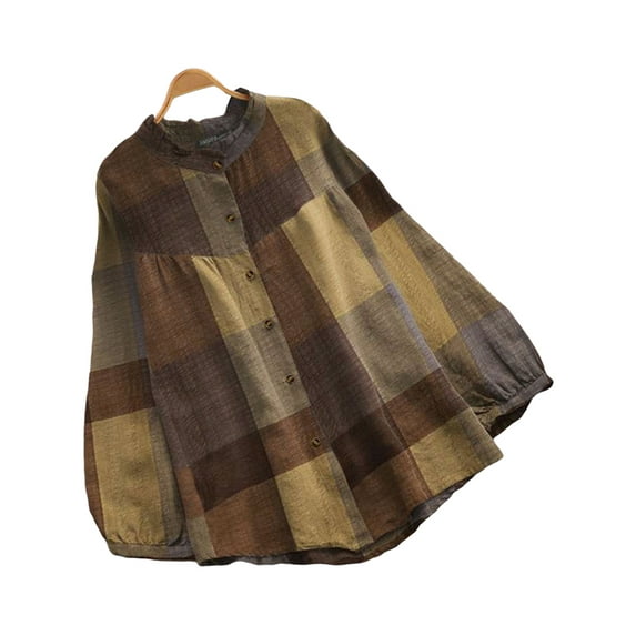 Skksst Plus Size Womens Casual Retro Long Sleeve Tartan Print Tunic Shirt Tops