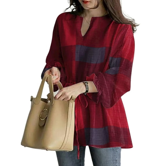 Skksst Plus Size Womens Casual Tartan Print Long Sleeve Drawstring Blouse Tops