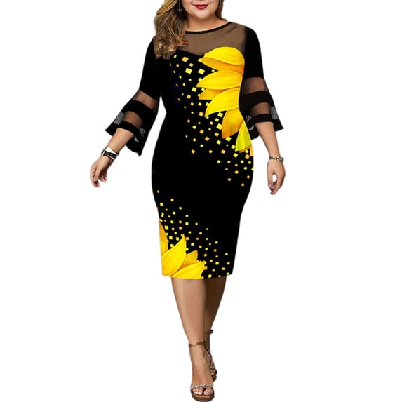 Skksst Plus Size Womens Flared Sleeve Evening Party Ball Gown Floral Formal Dress