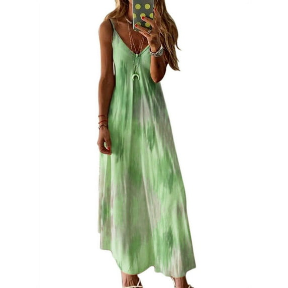Skksst Women's Dress Tie Dye V-Neck Midi Long Dress