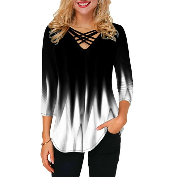 Skksst Women's Loose Gradient V Neck T-Shirt Tee Casual 3/4 Sleeve Tops Blouse