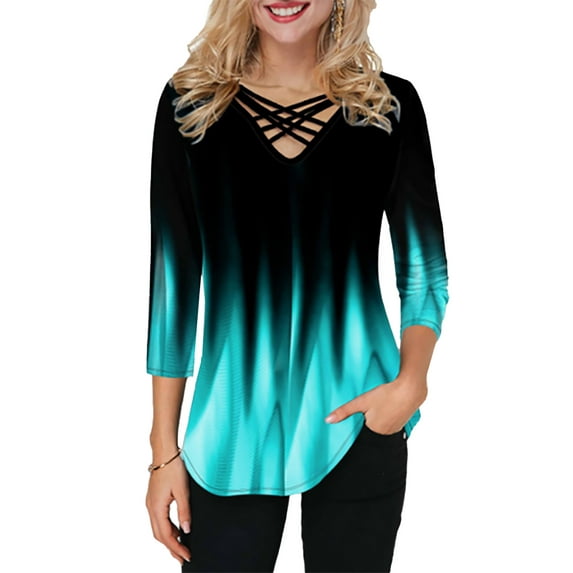 Skksst Women's Loose Gradient V Neck T-Shirt Tee Casual 3/4 Sleeve Tops Blouse