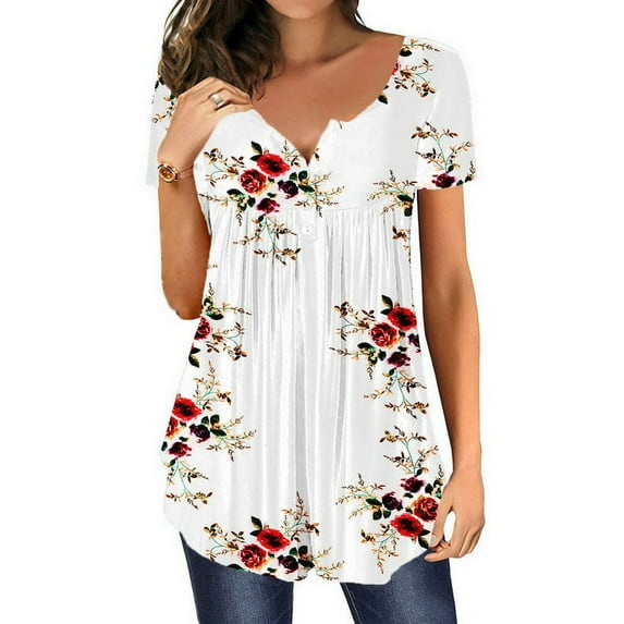 Skksst Women's Short Sleeve Print Round Neck Causal Top