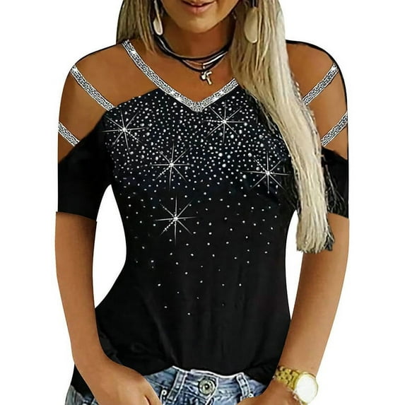 Skksst Women's Solid Sequins Cold Shoulder Sexy Tops Short Sleeve V-Neck Casual Blouses