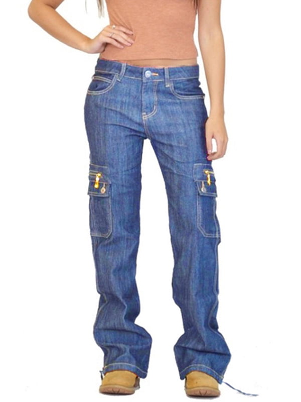 Skksst Womens Casual Work Straight Leg Denim Jeans Combat Pockets Cargo  Pants