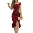 thumbnail image 1 of Skksst Womens Christmas Party Club Off Shoulder Plaid Bodycon Midi Dress, 1 of 5
