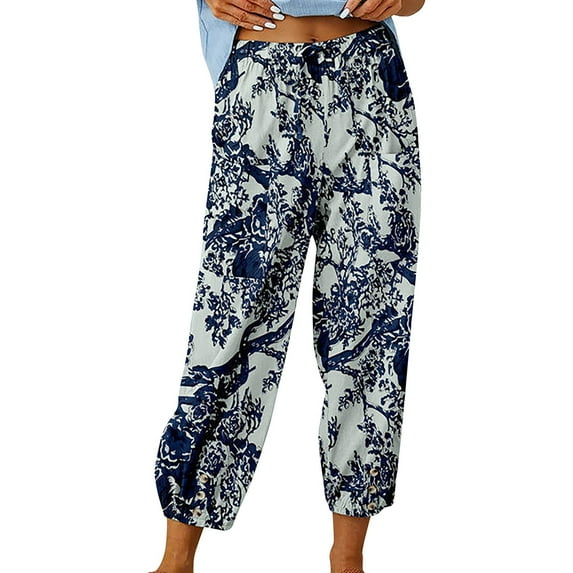 Skksst Womens Cotton Linen Retro Floral Print Drawstring Harem Casual Pants