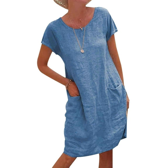 Skksst Womens Cotton Linen Short Sleeve Tunic Dress Casual Pocket Mini Dress