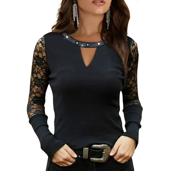 Skksst Womens Fashion Lace Patchwork Long Sleeve Rhinestone Blouse T Shirt Tops