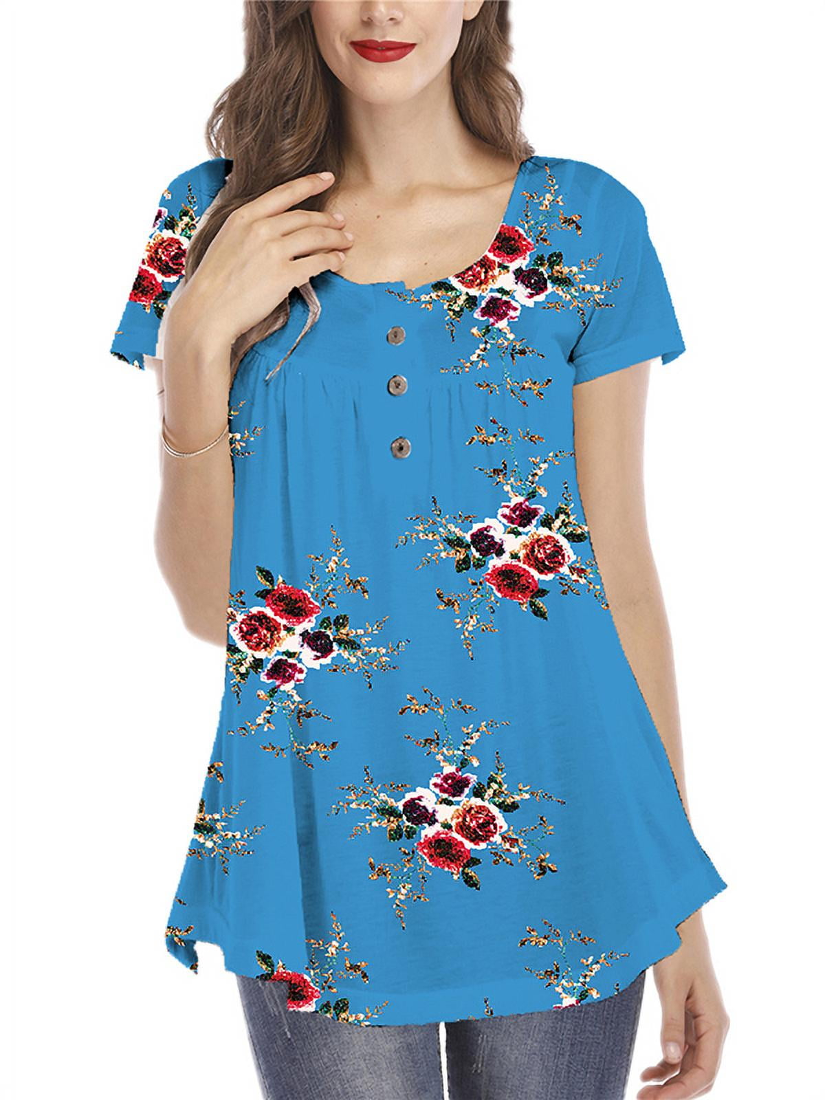 Skksst Womens Floral Peasant T Shirt Short Sleeve Henley Tunic Blouse Tops