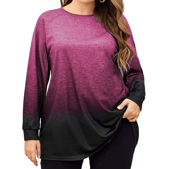 Skksst Womens Gradient Color Long Sleeve Layered T Shirt Blouse Tops Plus Size