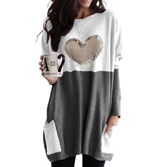 Skksst Womens Heart Print Tunic T Shirt Color Block Pockets Blouse Tops Plus Size