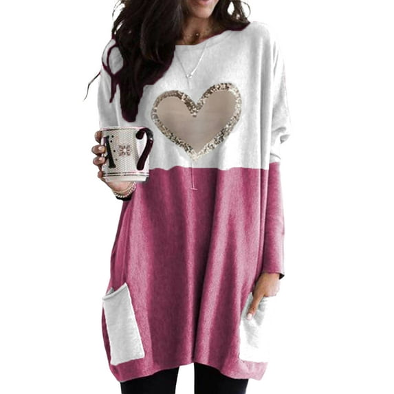 Skksst Womens Heart Print Tunic T Shirt Color Block Pockets Blouse Tops Plus Size