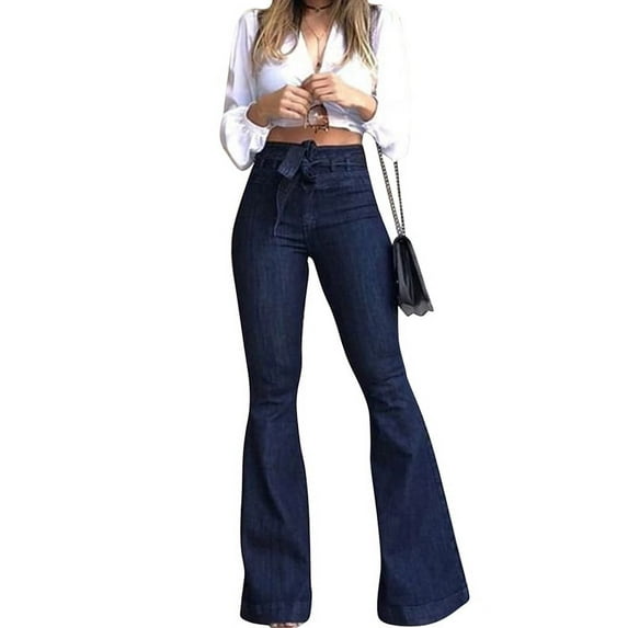 Skksst Womens High Rise Flared Bell Bottoms Bootcut Denim Pants Belted Jeans