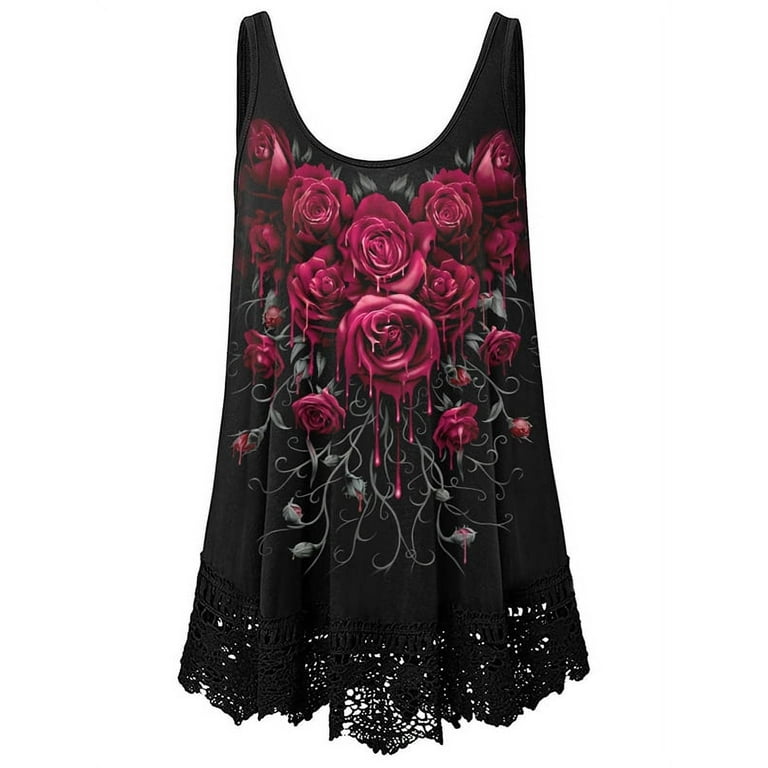 Skksst Womens Plus Size Tunic Blouse Gothic Lace Floral Print Sleeveless  Tank Tops