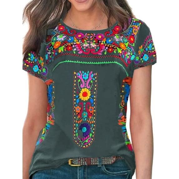 Skksst Womens Short Sleeve Round Neck Ethnic Floral Printed Pullover T-shirt Tops