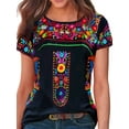 thumbnail image 1 of Skksst Womens Short Sleeve Round Neck Ethnic Floral Printed Pullover T-shirt Tops, 1 of 2