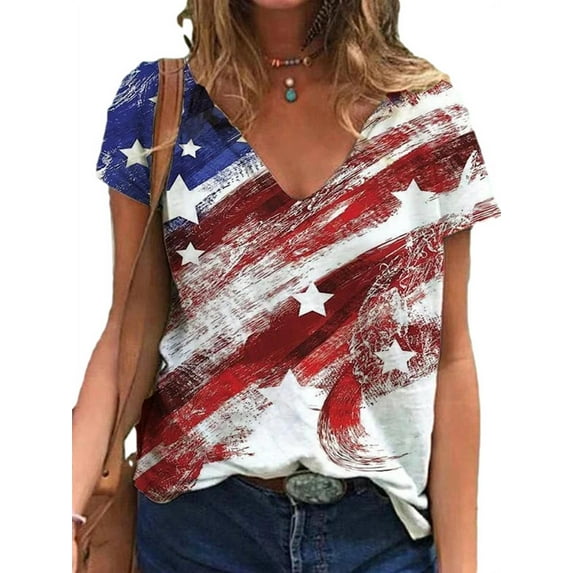 Skksst Womens Short Sleeve V Neck Independent Day American Flag Print Tunic T-shirt Tops
