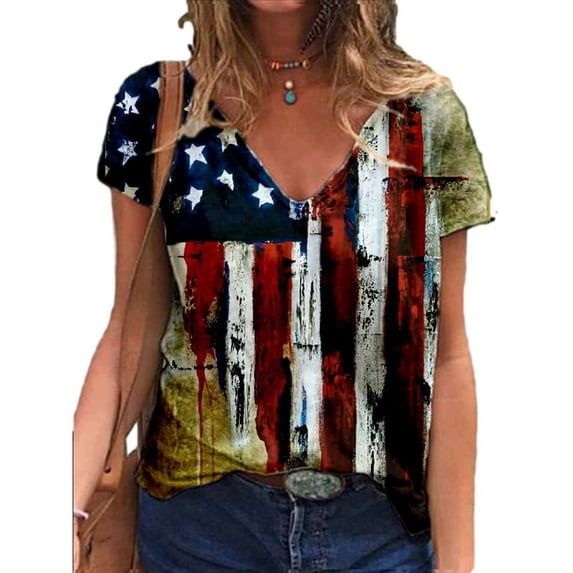 Skksst Womens Short Sleeve V Neck Independent Day American Flag Print Tunic T-shirt Tops