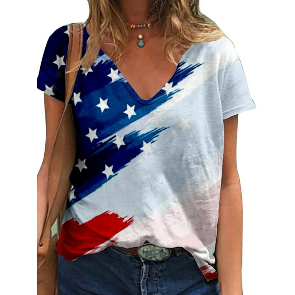Skksst Womens Short Sleeve V Neck T Shirt Independent Day American Flag Print Tee