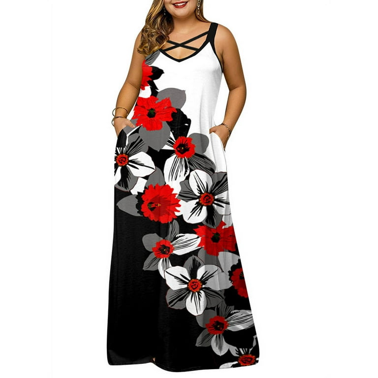 Skksst Womens Sleeveless Kaftan Long Dress Summer Floral Print Sundress  Plus Size