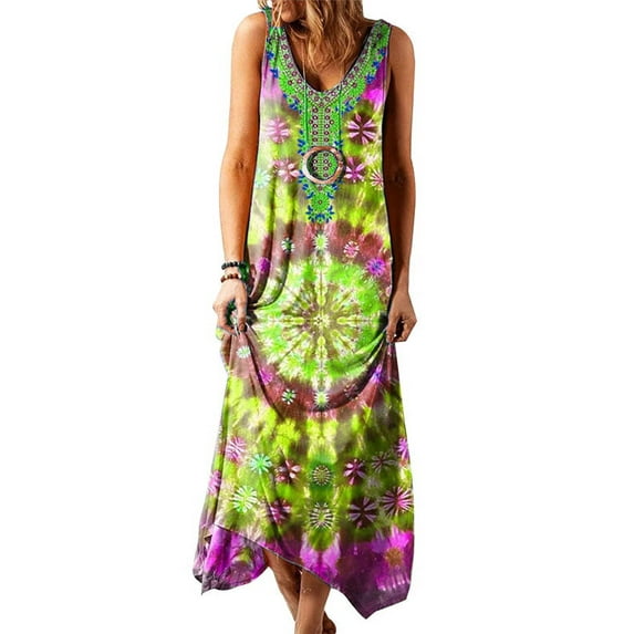Skksst Womens Sleeveless V Neck Tie Tye Print Summer Beach Maxi Dress