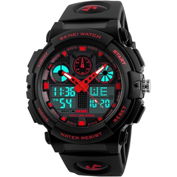 Skmei Men's Digital Analog Sports Military Watches Waterproof Outdoor LED Backlight Display Alarm Stopwatch,Red
