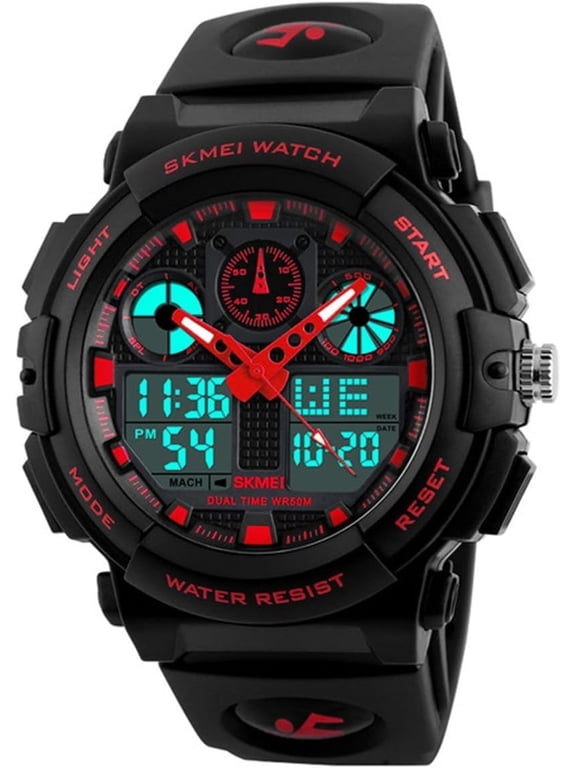 Skmei Men's Digital Analog Sports Military Watches Waterproof Outdoor LED Backlight Display Alarm Stopwatch,Red