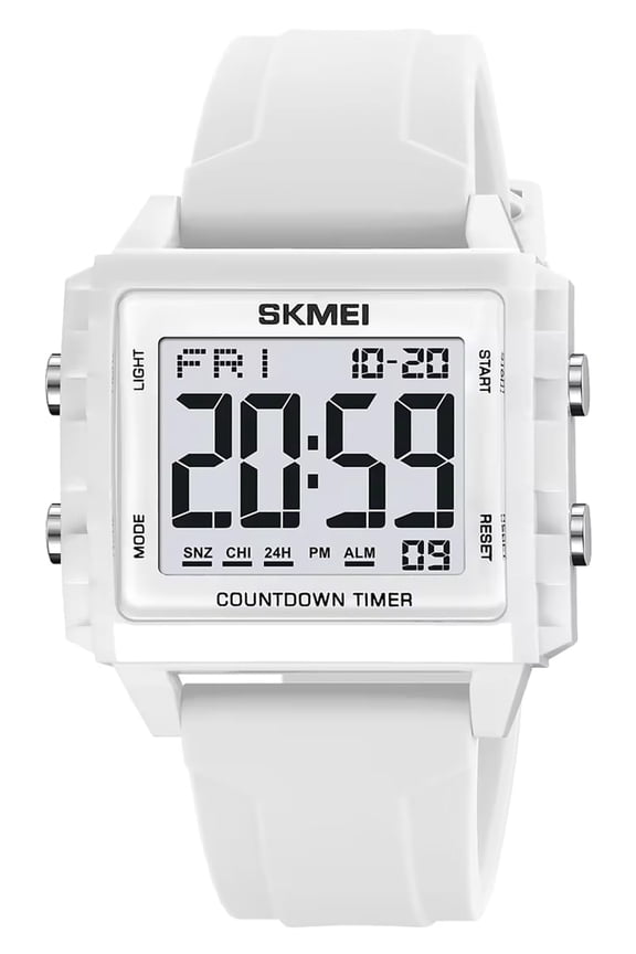 Skmei Square Men's Digital Watch Big Numbers Dial Large Face Waterproof Unisex Silicone Strap LED Watches,White
