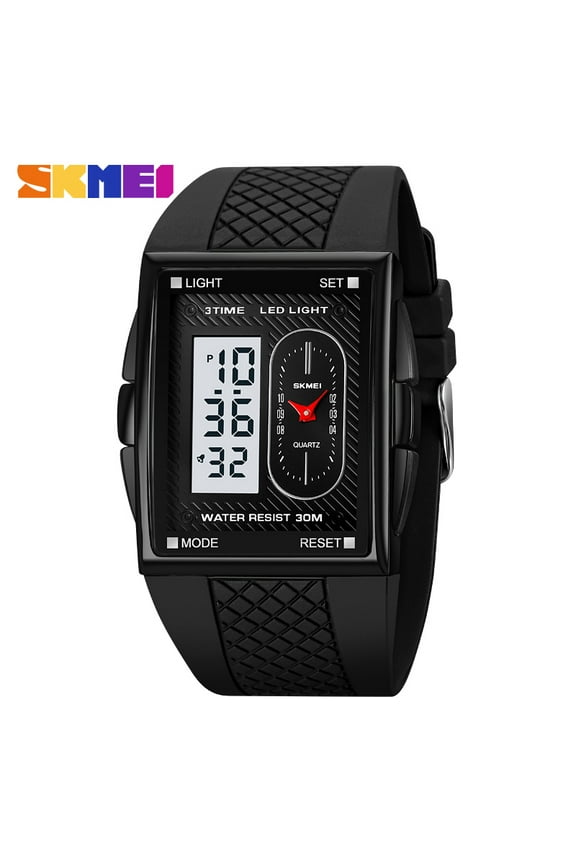 Skmei Unisex Digital Bracelet Watch Backlight Mens Women Square Alarm LED Black Rubber Watchband Sports Outdoor Waterproof Watch,Black silver