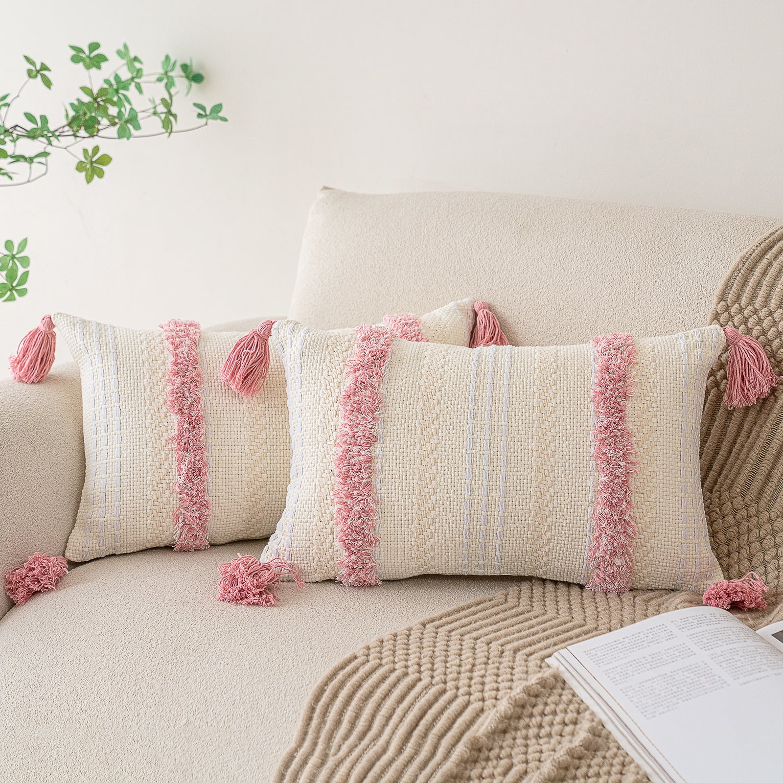 Skodaer 2 Pack Boho Decorative Throw Pillow Covers Tufted Woven with Tassel Series Pillow Case,12x20,Pink