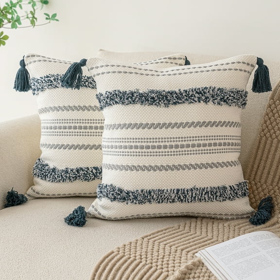 Skodaer 2 Pack Boho Decorative Throw Pillow Covers Tufted Woven with Tassel Series Pillow Case,18x18,Dark Blue
