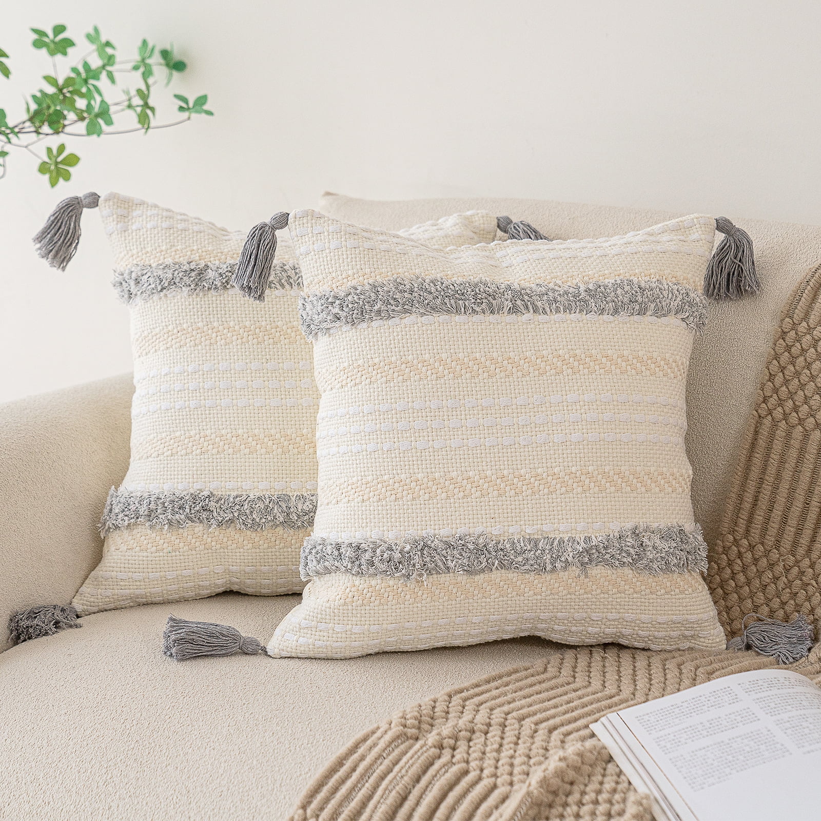 Skodaer 2 Pack Boho Decorative Throw Pillow Covers Tufted Woven with Tassel Series Pillow Case,20x20,Light Grey