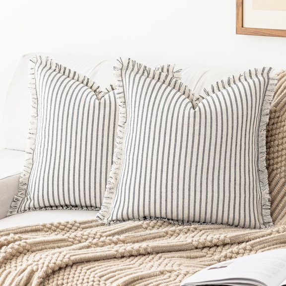 Skodaer 2 Pack Boho Decorative Throw Pillow Covers with Fring Tassel Chic Striped Pillow Case,18"x18",Grey
