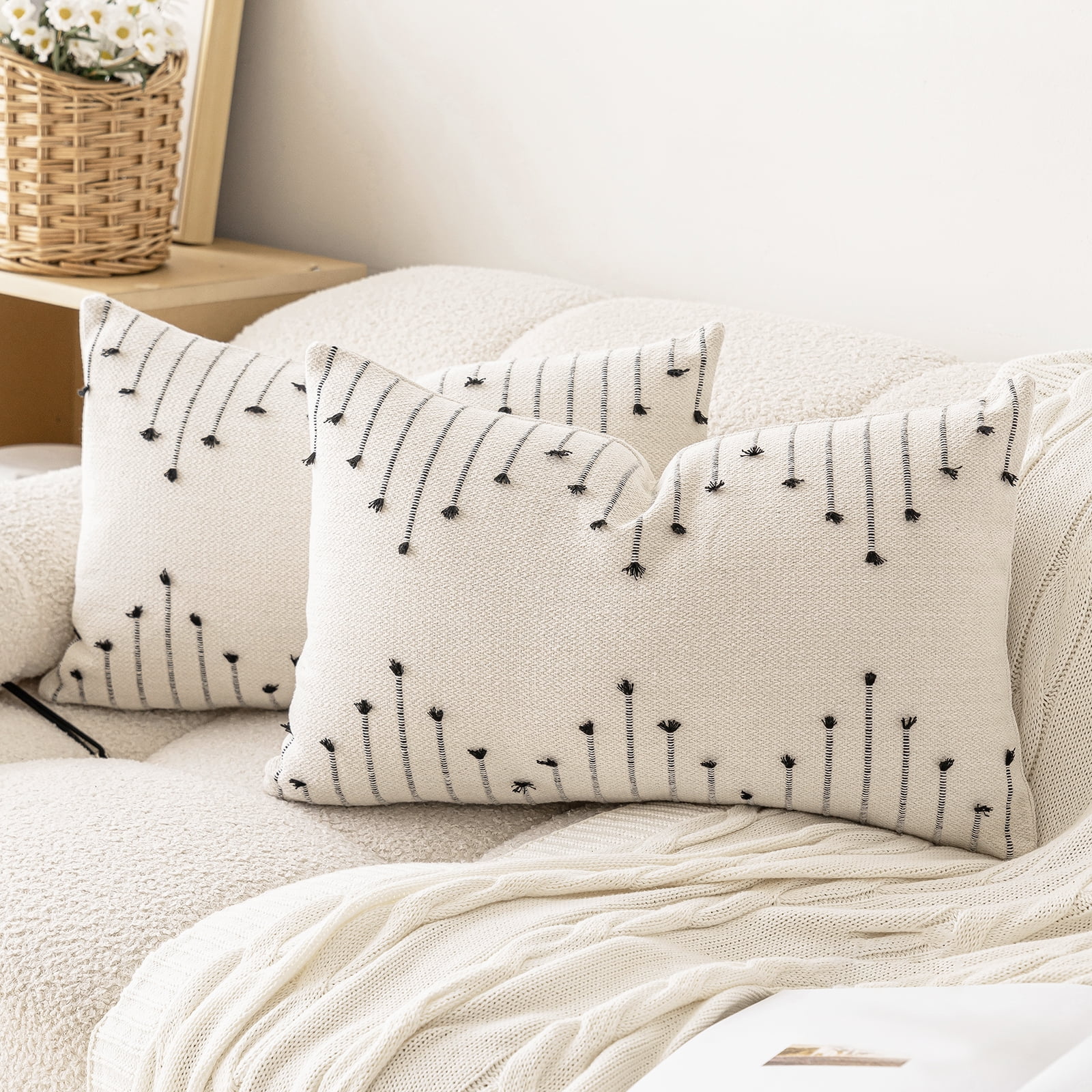 Skodaer Boho Decorative Throw Pillow Covers Beige and Black Striped Pillow Case,12x20,2 Count