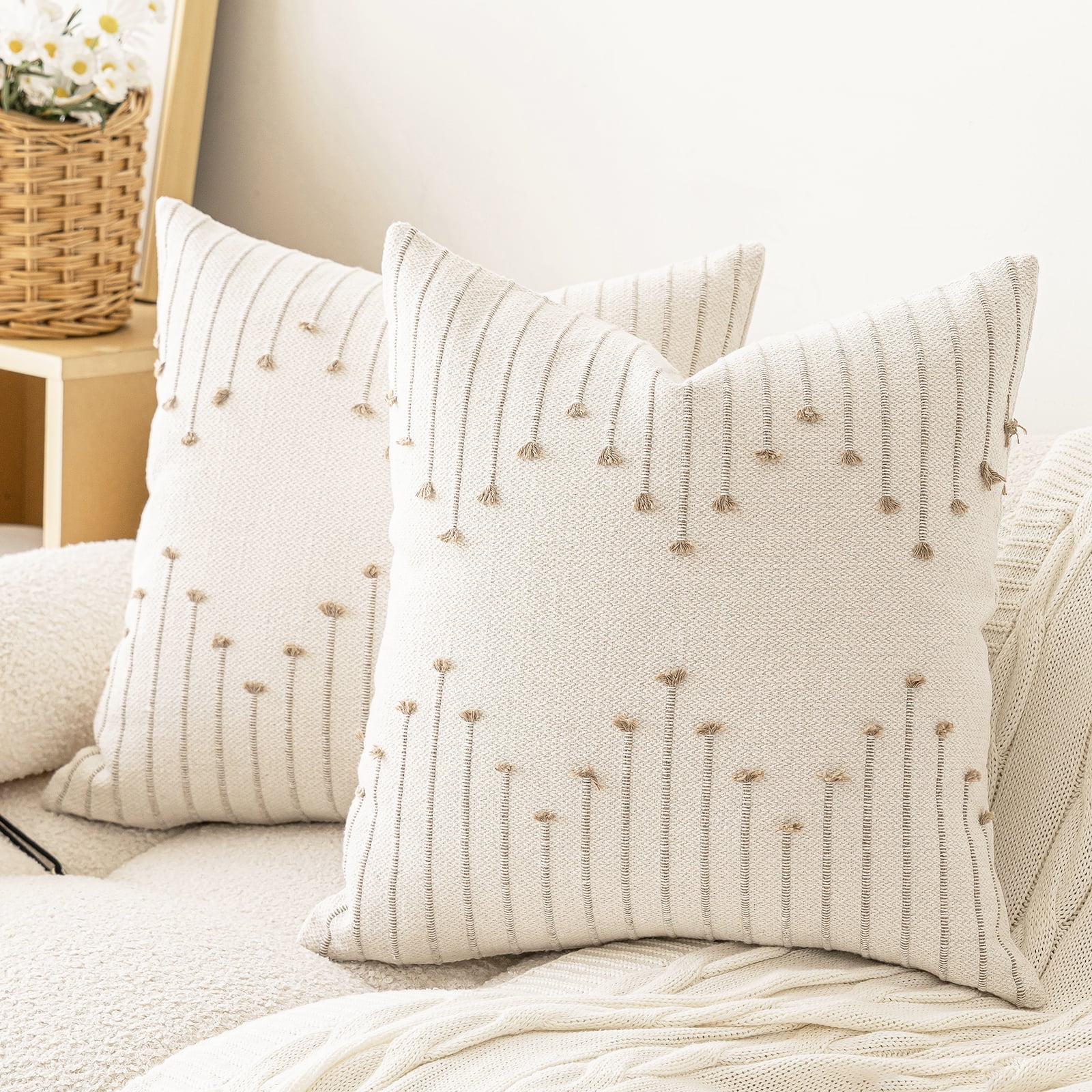 Skodaer Boho Decorative Throw Pillow Covers Beige and Khaki Striped Pillow Case,18x18,2 Count