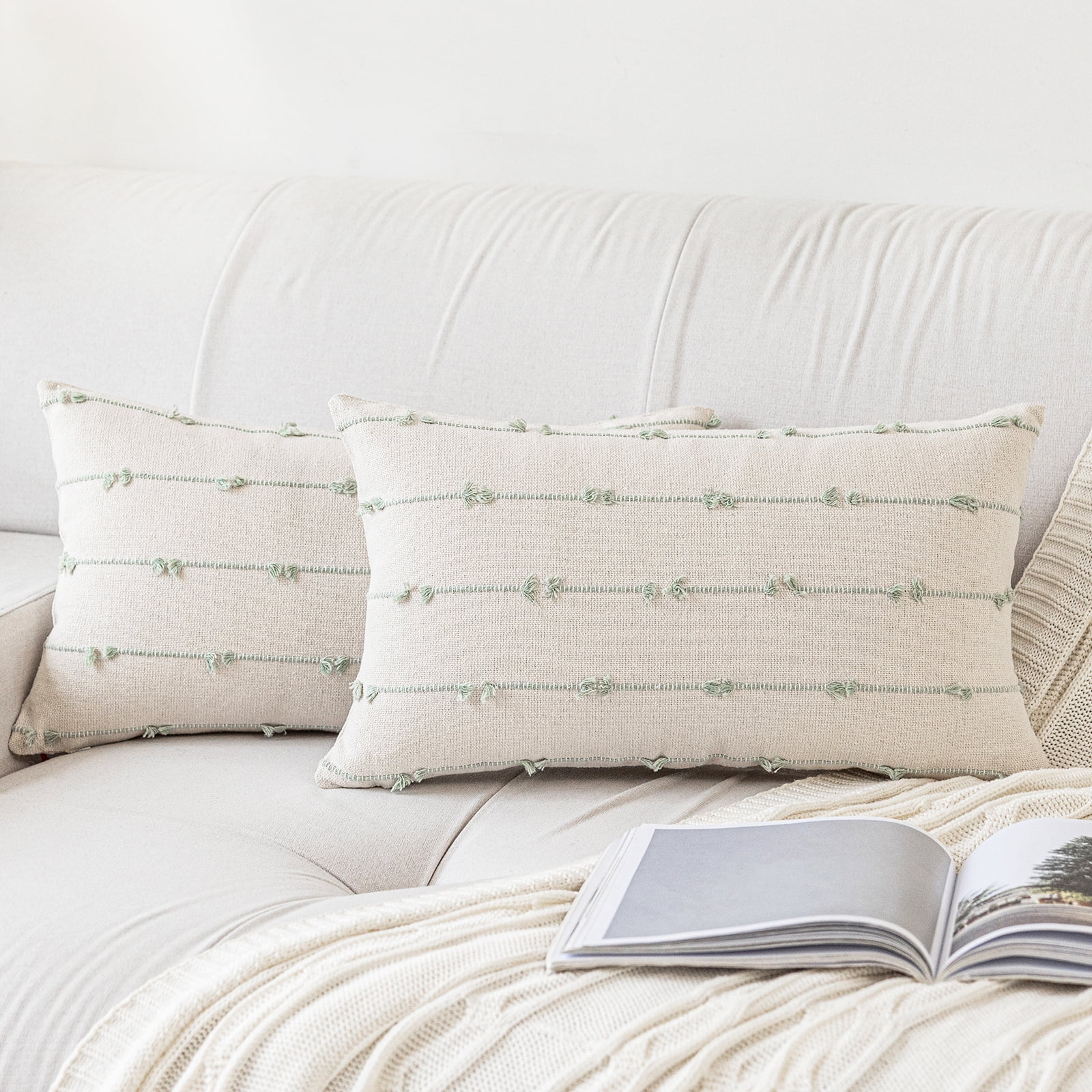 Skodaer Boho Throw Pillow Covers 12"x20" Set of 2 Modern Farmhouse Decorative Cushion Case Tufted Square Pillows Cover Neutral Pillow Cases Accent Pillowcase for Sofa, Couch, Bed,Green