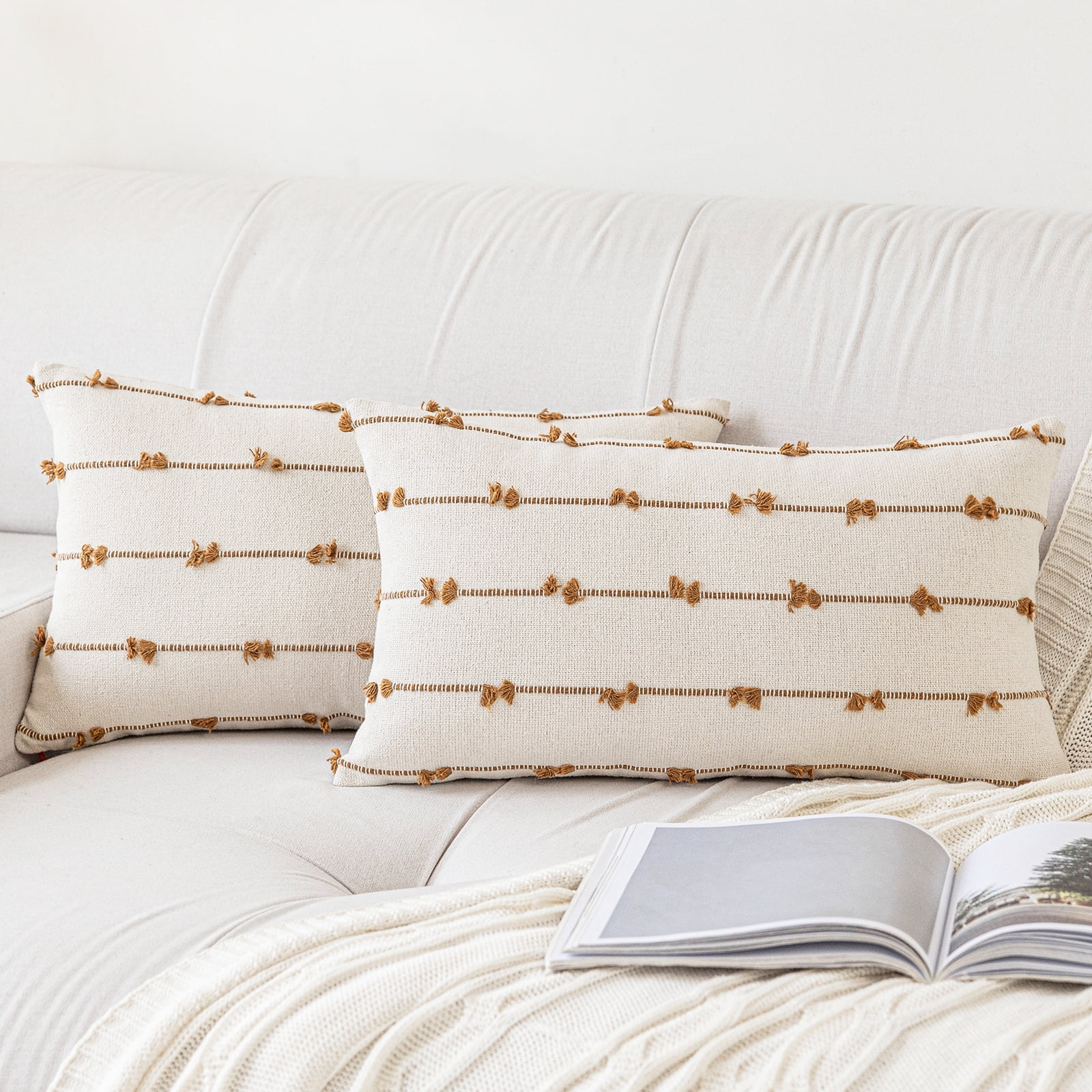 Skodaer Boho Throw Pillow Covers 12"x20" Set of 2 Modern Farmhouse Decorative Cushion Case Tufted Square Pillows Cover Neutral Pillow Cases Accent Pillowcase for Sofa, Couch, Bed,Brown
